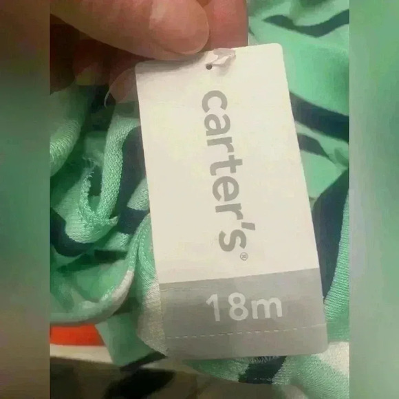 Carters NWT green with blue & white striped romper has snaps and collar 18 mths - Picture 9 of 11